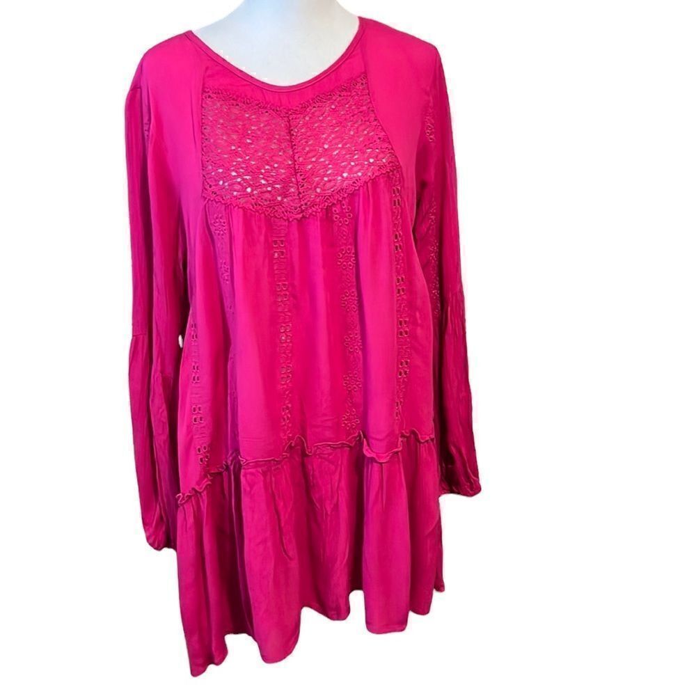 NWT Adiva bright pink LS mini dress or tunic keyhole flowy flouncy ruffles lace